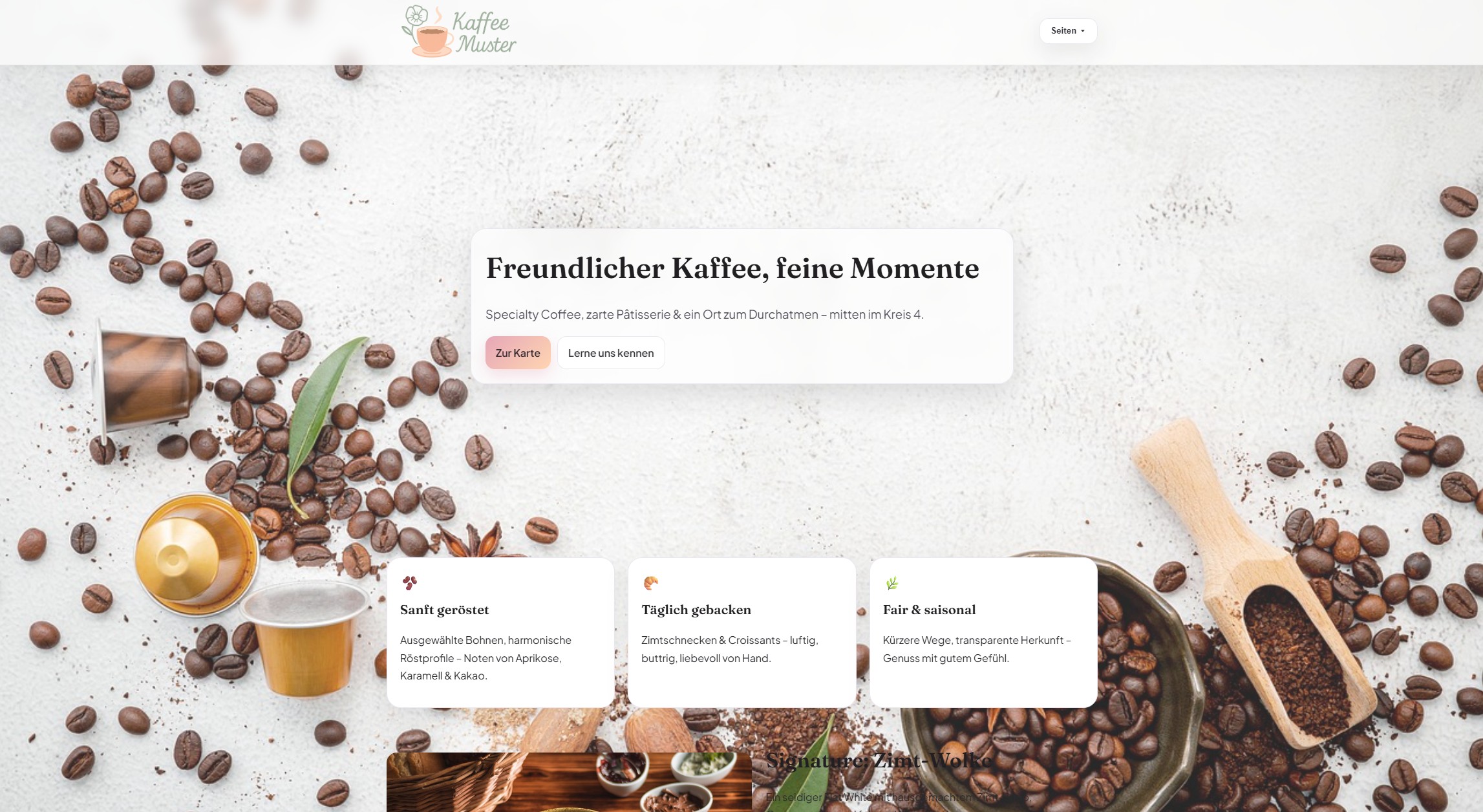 Screenshot Kaffee Muster-Webseite
